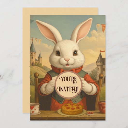 Whimsical White Rabbit Hearts Enchanted Wonderland Einladung (Vorne/Hinten)