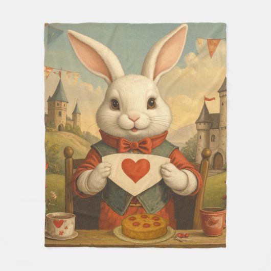 Whimsical White Rabbit Hearts Enchanted Wonderland Fleecedecke (Vorderseite)