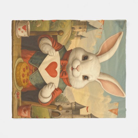 Whimsical White Rabbit Hearts Enchanted Wonderland Fleecedecke (Vorderseite (Horizontal))