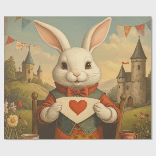 Whimsical White Rabbit Hearts Enchanted Wonderland Geschenkpapier (Flach)