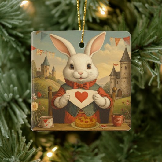 Whimsical White Rabbit Hearts Enchanted Wonderland Keramikornament (Baum)