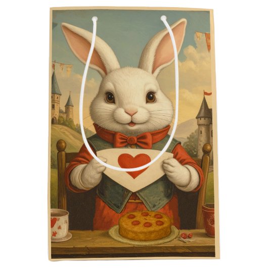 Whimsical White Rabbit Hearts Enchanted Wonderland Mittlere Geschenktüte (Vorderseite)