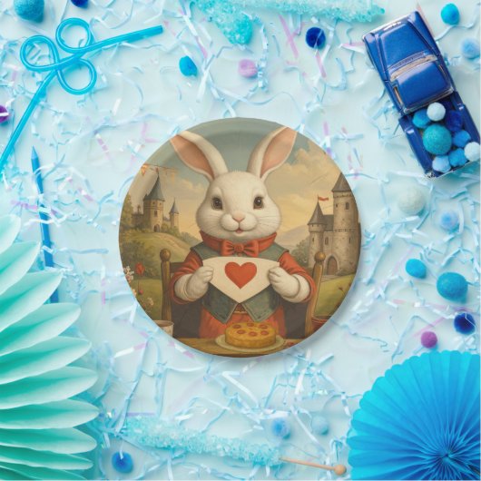 Whimsical White Rabbit Hearts Enchanted Wonderland Pappteller (Party)