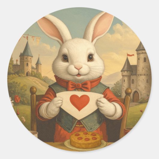 Whimsical White Rabbit Hearts Enchanted Wonderland Runder Aufkleber (Vorderseite)