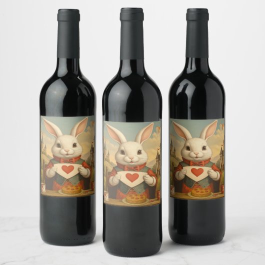 Whimsical White Rabbit Hearts Enchanted Wonderland Weinetikett (Flaschen)