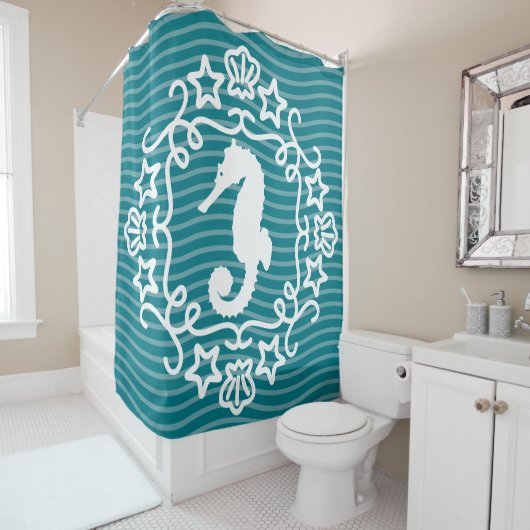 Whimsical White Seepferd Nautical Ocean Duschvorhang (Beispiel)