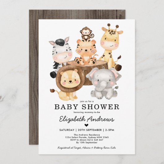 Whimsical Wild Safari Tiere Neutral Baby Dusche Einladung (Vorne/Hinten)