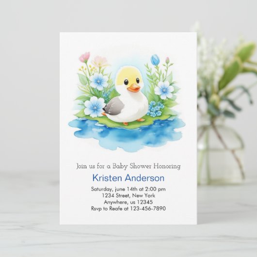 Whimsical Wildblume Duckling Boy Baby Dusche Einladung (Stehend Vorderseite)
