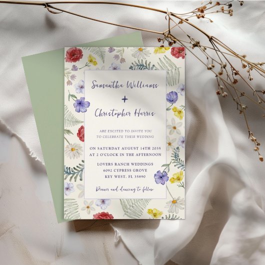 Whimsical Wildblume Ecru & Sage Wedding Einladung