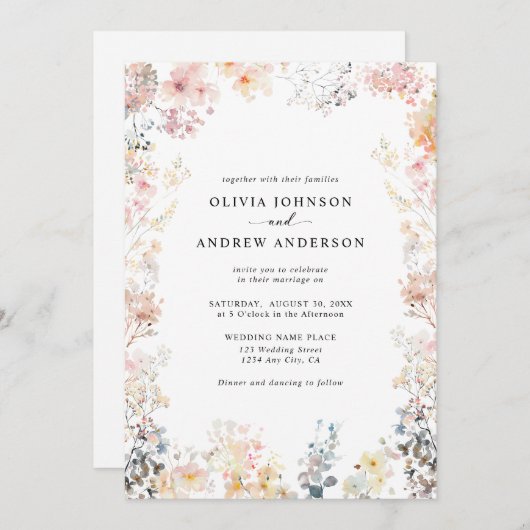 Whimsical Wildblume Elegante Moderne Blumenhochzei Einladung (Vorne/Hinten)