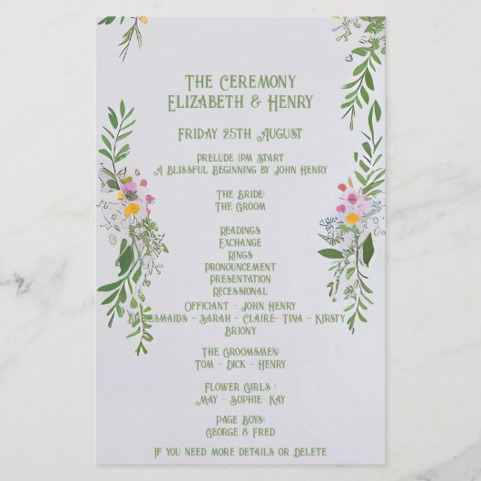Whimsical Wildblume Hochzeit Zeremonie Einladung Briefpapier (Vorderseite)