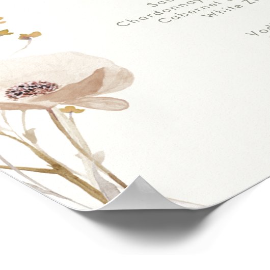 Whimsical Wildblume Ivory Wedding Drinks Menü Poster (Ecke)