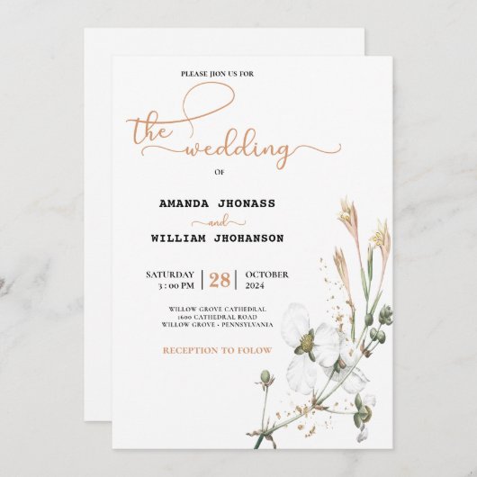 Whimsical Wildblume Meadow Kalligrafy Wedding Einladung (Vorne/Hinten)