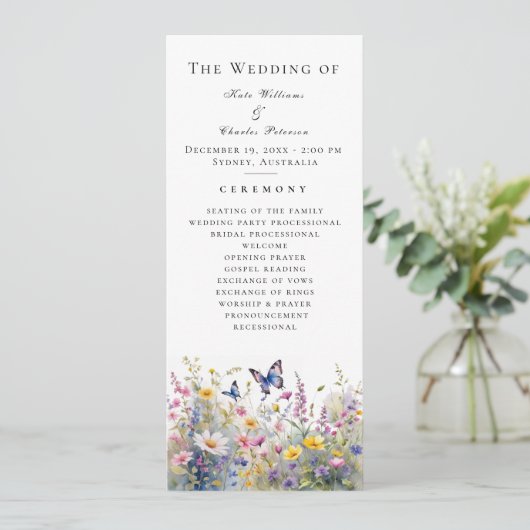 Whimsical Wildblume Meadows Wedding Program Menükarte (Stehend Vorderseite)