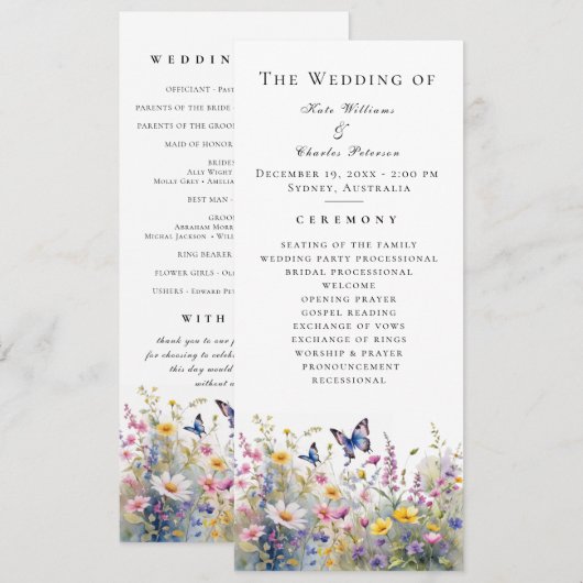 Whimsical Wildblume Meadows Wedding Program Menükarte (Vorne/Hinten)