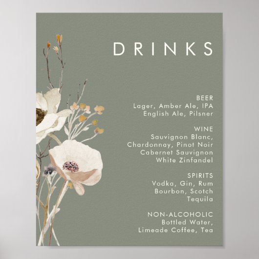 Whimsical Wildblume Sage Wedding Drinks Menü Poster (Vorne)