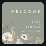 Whimsical Wildblume Sage Wedding Willkommensticker Quadratischer Aufkleber<br><div class="desc">Dieser Whimsical Wildblume Sage Begrüßungsaufkleber ist perfekt für Ihre einfache, elegante Hochzeit. Die moderne, rustikale Vegetation, begleitet von den minimalistischen Wildblumen der Aquarellbilder, wird Ihre Vision zum Leben erwecken! Dieses Design von hübschen goldenen Blume, Touchs von bohemianischen Salbei grün und lila ist sicher, um Ihren minimalen Herbst Blumentraum zu vollenden!...</div>