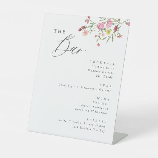 Whimsical Wildblume Wedding Bar Sign Sockelschild (Vorderseite)