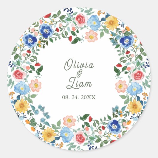 Whimsical Wildblumen Blumengarten Hochzeit Runder Aufkleber (Vorderseite)