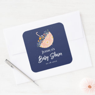 Whimsical Wildblumen & Pink Umbrella Baby Dusche Quadratischer Aufkleber