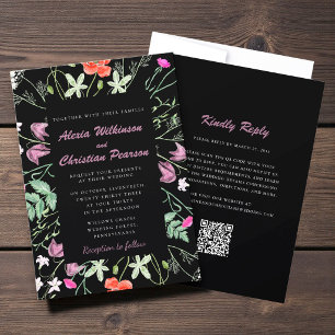 Whimsical Wildflower Botanical Schwarz/ QR-Code-RS Einladung