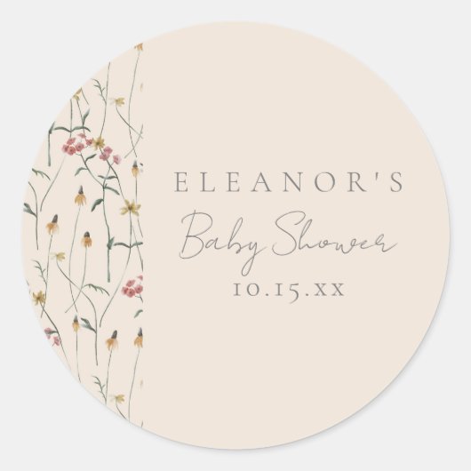 Whimsical Wildflower Floral Custom Baby Shower Runder Aufkleber (Vorderseite)