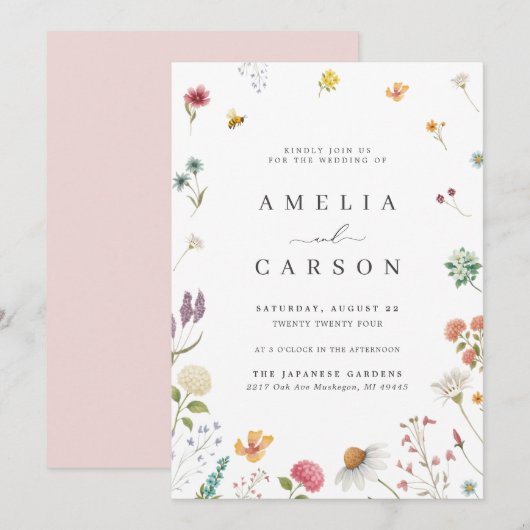 Whimsical Wildflower Meadow Wedding Invitation Einladung (Vorne/Hinten)
