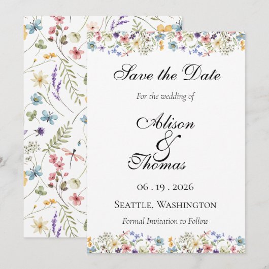 Whimsical Wildflower Meadow Wedding Save The Date (Vorne/Hinten)