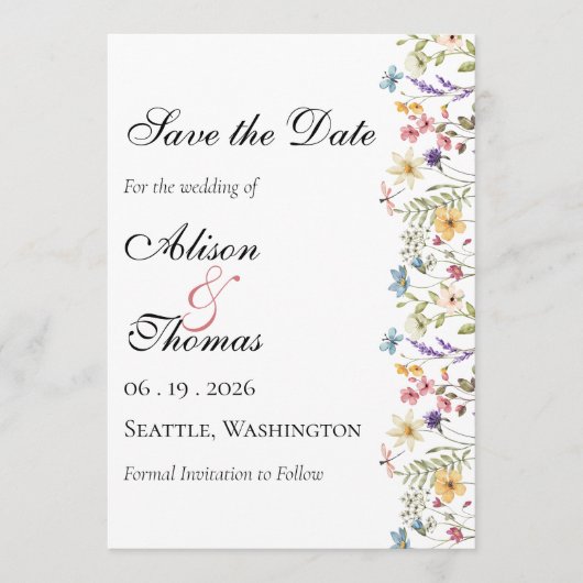 Whimsical Wildflower Meadow Wedding Save The Date (Vorderseite)