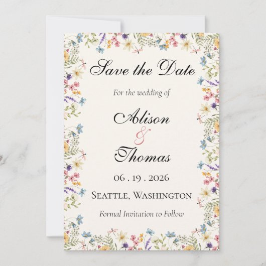 Whimsical Wildflower Meadow Wedding Save The Date (Vorderseite)
