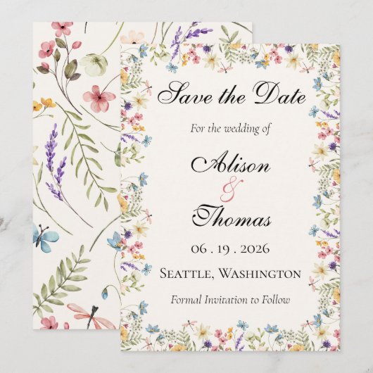 Whimsical Wildflower Meadow Wedding Save The Date (Vorne/Hinten)