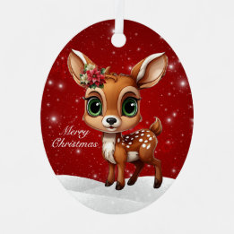 Whimsical Wildlife Baby Deer Snowy Berry Red 🎄🦌 Ornament Aus Metall