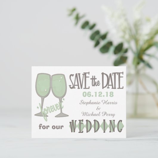 Whimsical Wine Glasses Save the Date Hochzeit Ankündigungspostkarte (Stehend Vorderseite)