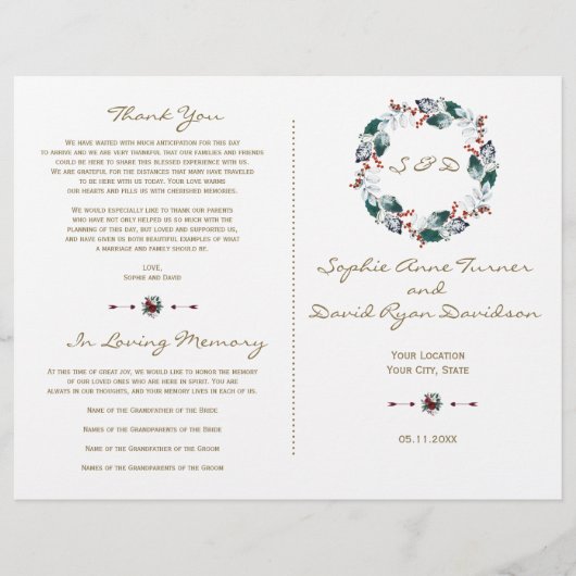 Whimsical Winter Berries Wreath Wedding Programm (Vorderseite)