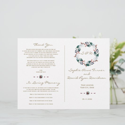 Whimsical Winter Berries Wreath Wedding Programm (Stehend Vorderseite)
