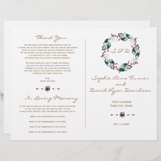 Whimsical Winter Berries Wreath Wedding Programm (Vorne/Hinten)