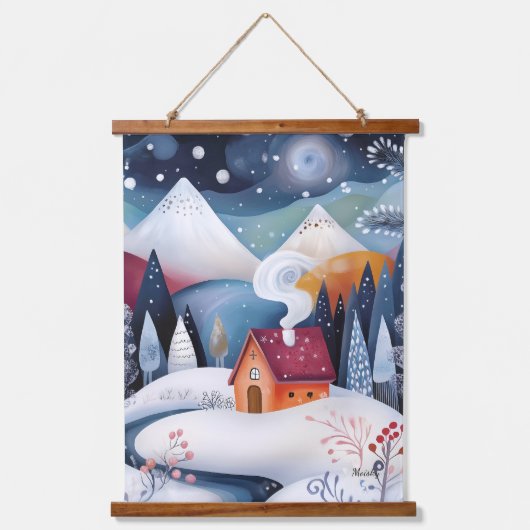 Whimsical Winter Cabin Artwork Wandteppich Mit Holzrahmen (Vorderseite)
