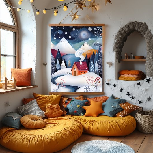 Whimsical Winter Cabin Artwork Wandteppich Mit Holzrahmen
