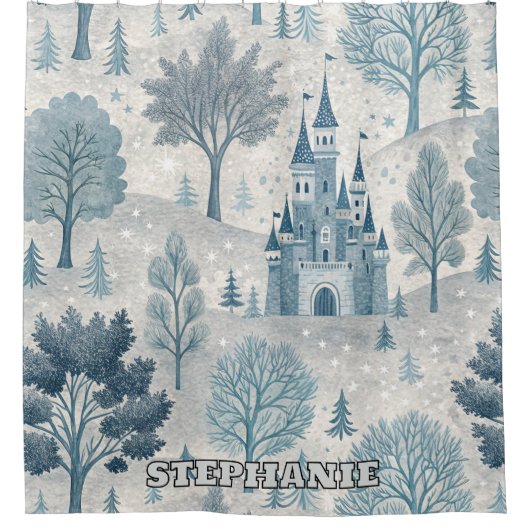 Whimsical Winter Castle Landschaft in Blue & Gray Duschvorhang (Vorderseite)