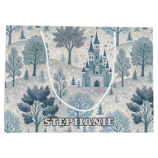 Whimsical Winter Castle Landschaft in Blue & Gray Große Geschenktüte (Rückseite)
