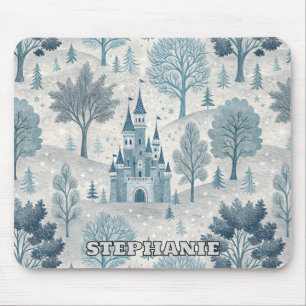Whimsical Winter Castle Landschaft in Blue & Gray Mousepad