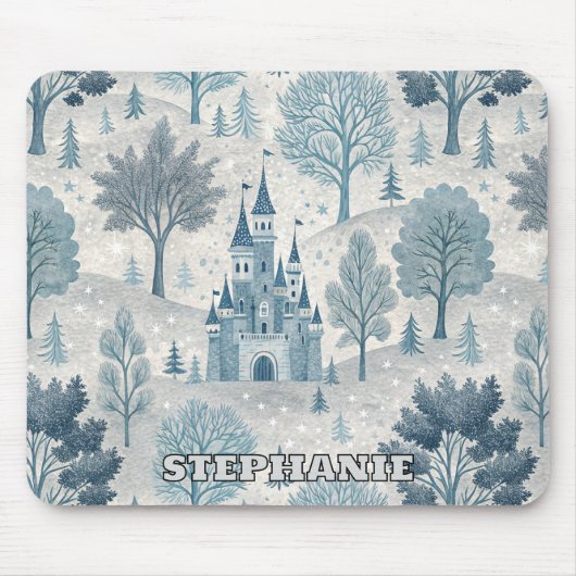 Whimsical Winter Castle Landschaft in Blue & Gray Mousepad (Vorne)