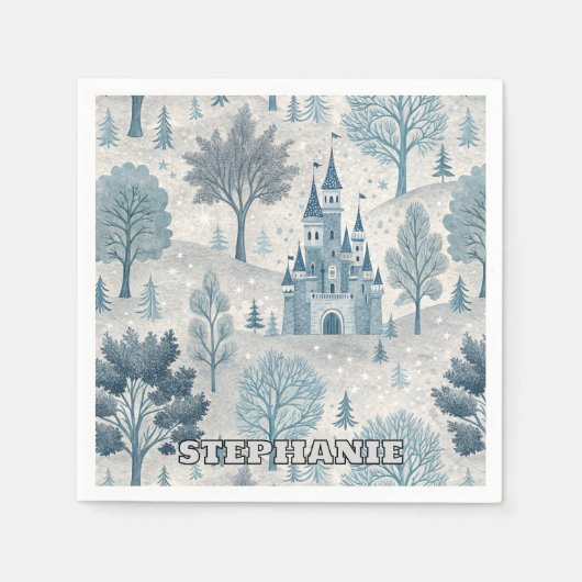 Whimsical Winter Castle Landschaft in Blue & Gray Serviette (Vorderseite)