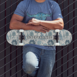 Whimsical Winter Castle Landschaft in Blue & Gray Skateboard