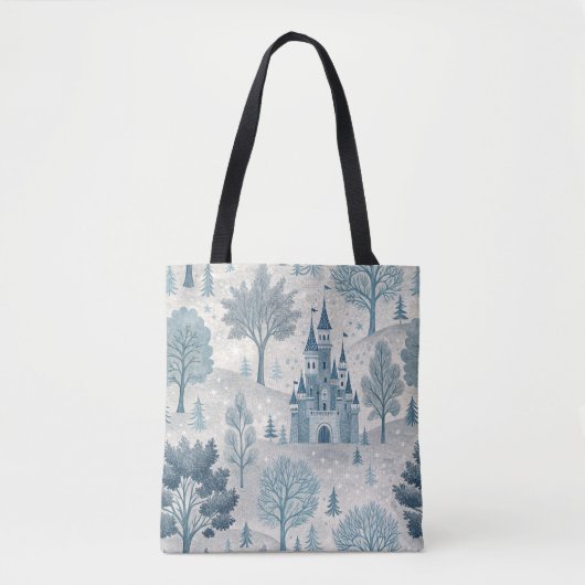 Whimsical Winter Castle Landschaft in Blue & Gray Tasche (Vorderseite)