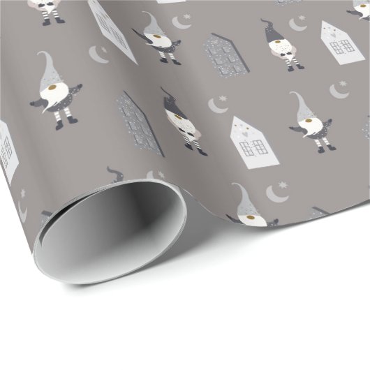Whimsical Winter Gnome und Häuser Geschenkpapier (Rolleneckpunkt)