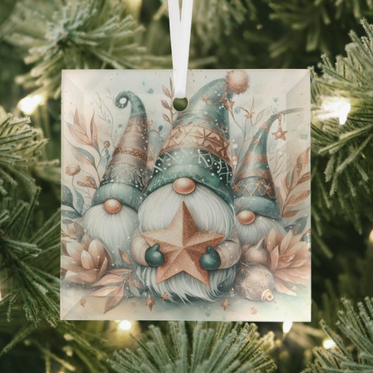 Whimsical Winter Gnomes Wasserfarbe Rose Gold Star Ornament Aus Glas (Insitu)