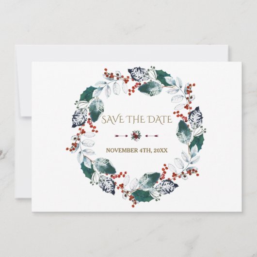 Whimsical Winter Holy Berries Kreath Save the Date (Vorderseite)