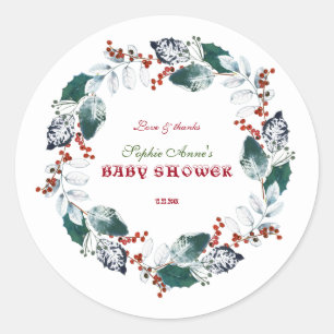 Whimsical Winter Holy Berries Wreath Baby Dusche Runder Aufkleber