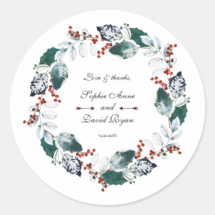 Whimsical Winter Holy Berries Wreath Wedding Runder Aufkleber